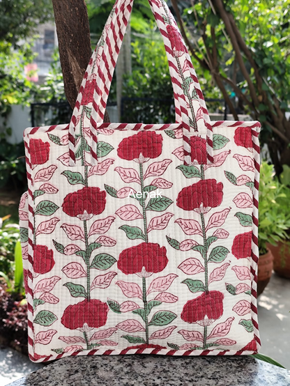 Red Rose Handblock Lunch Bag