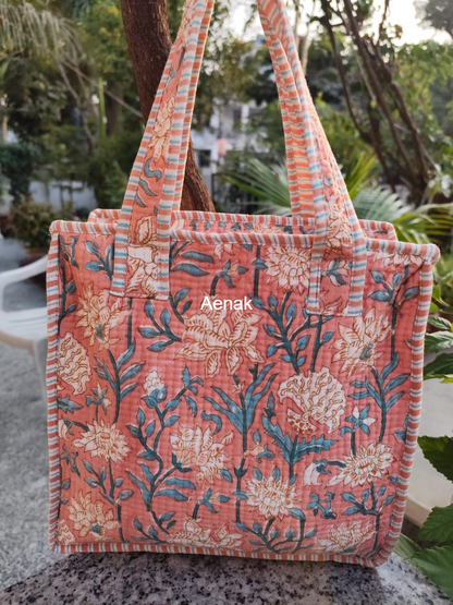 Peach Floral Garden Handblock Lunch Bag