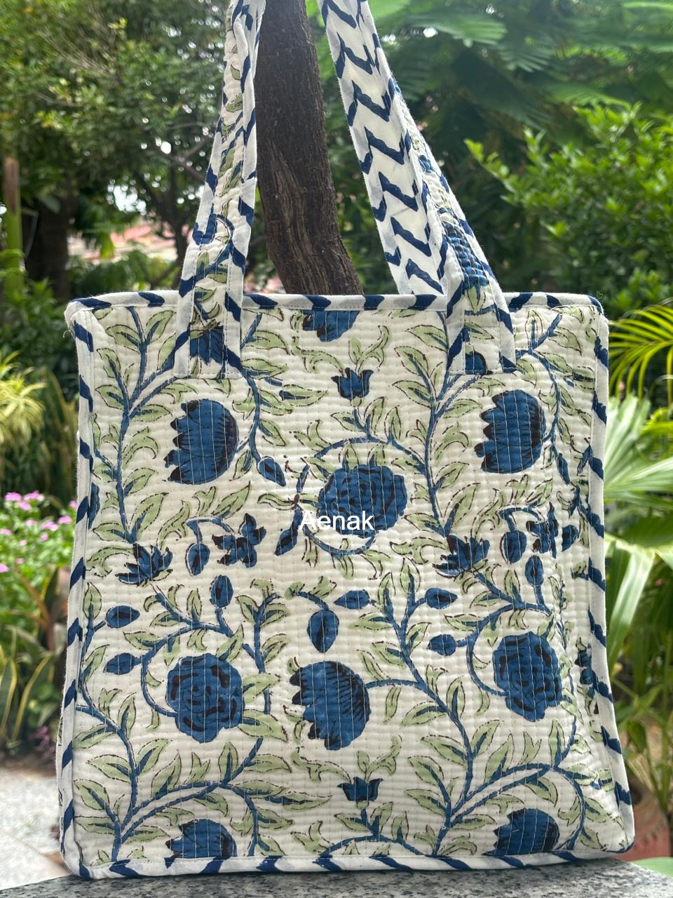 Blue Rose Handblock Lunch Bag