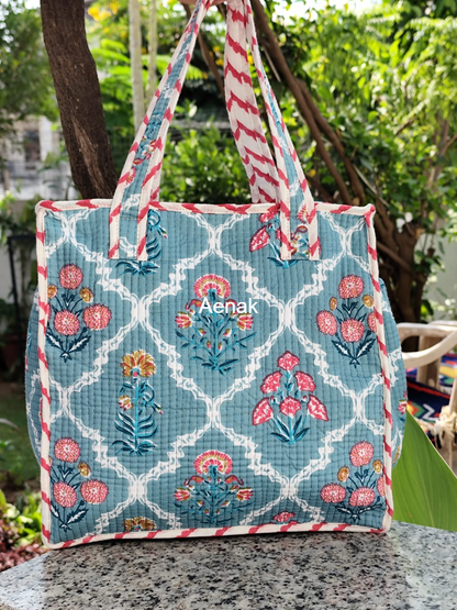 Pink & Orange Floral Handblock Lunch Bag