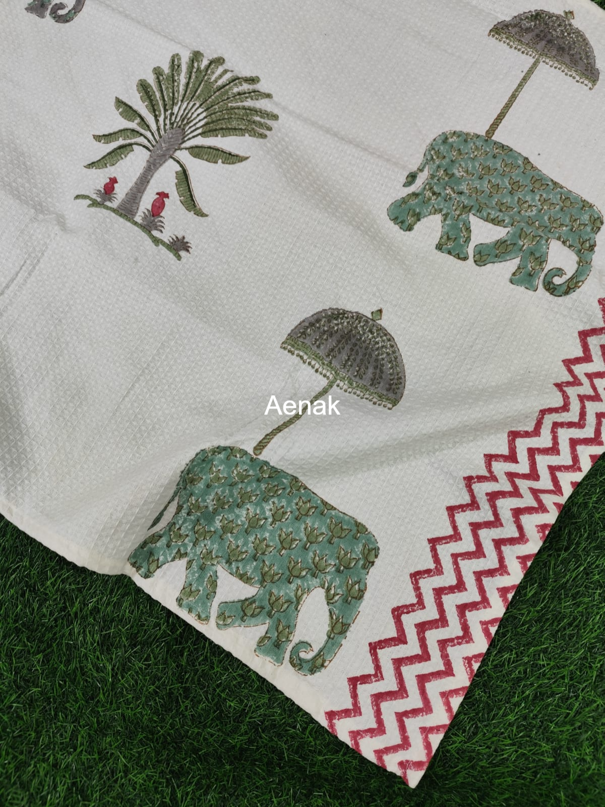 Green Elephant Handblock Waffle Cotton Towel