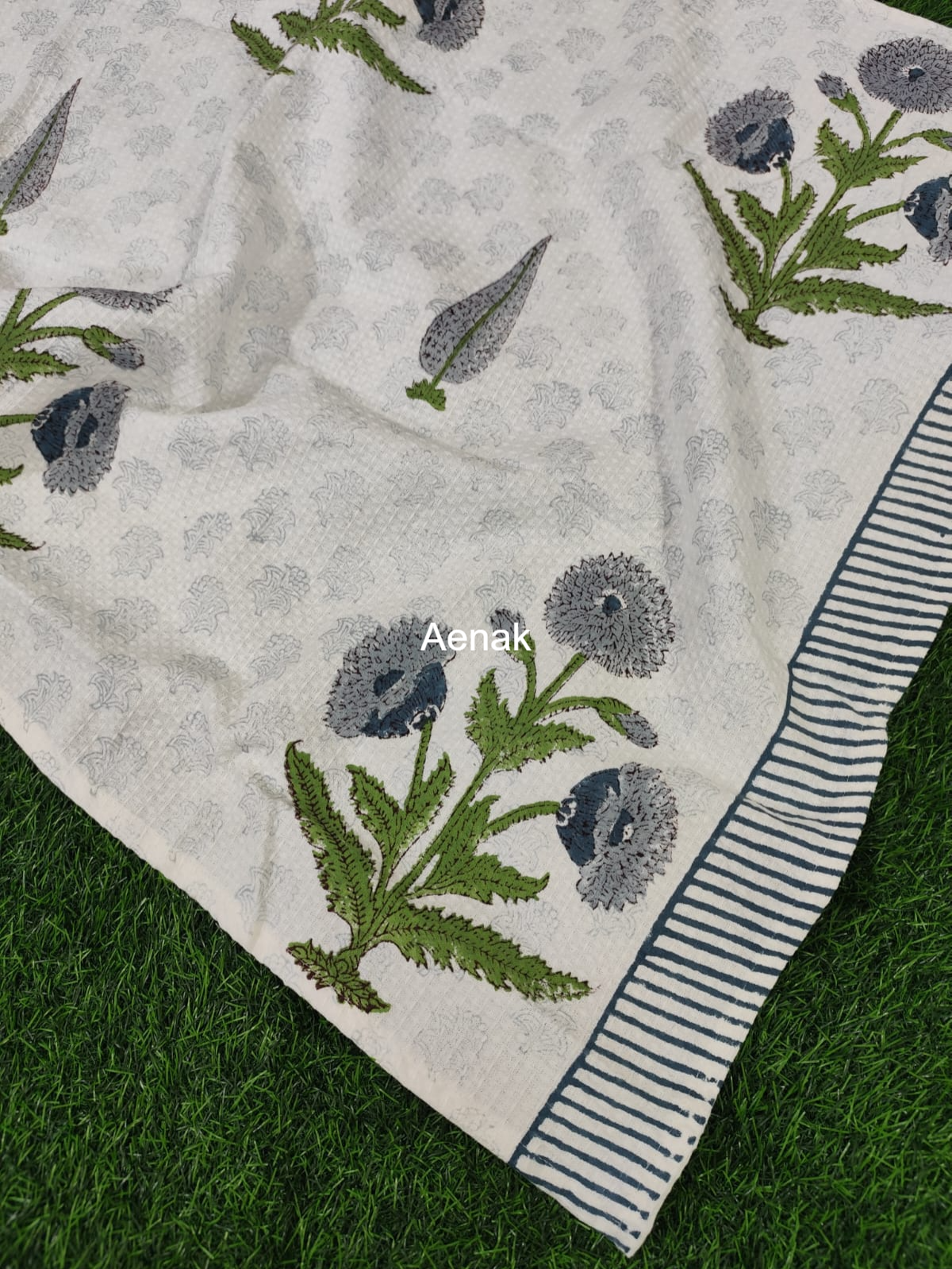 Grey Phool Bhoota Handblock Waffle Cotton Towel