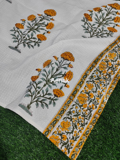 Turmeric Yellow Marigold Handblock Waffle Cotton Towel