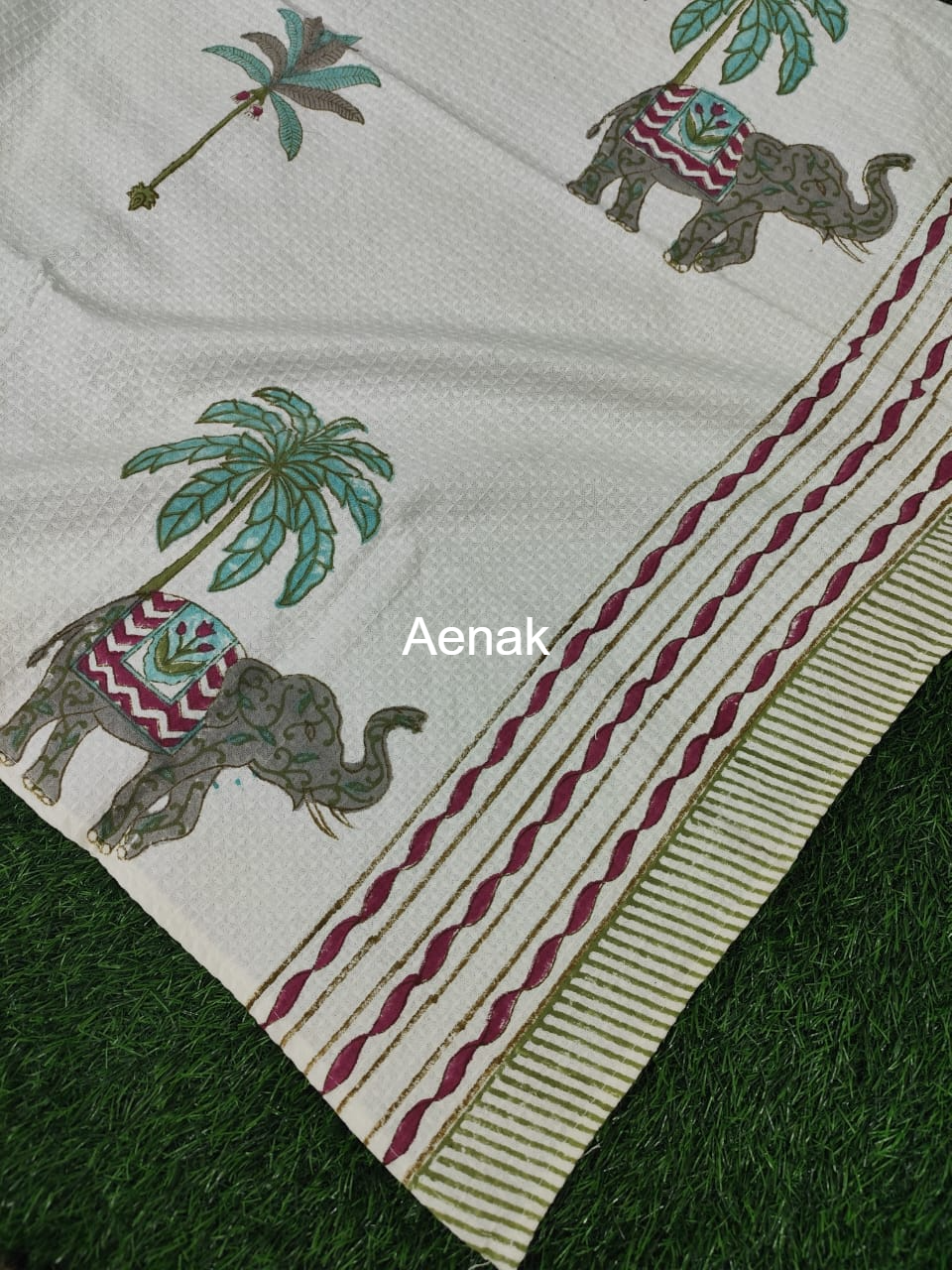 Grey Elephant Handblock Waffle Cotton Towel
