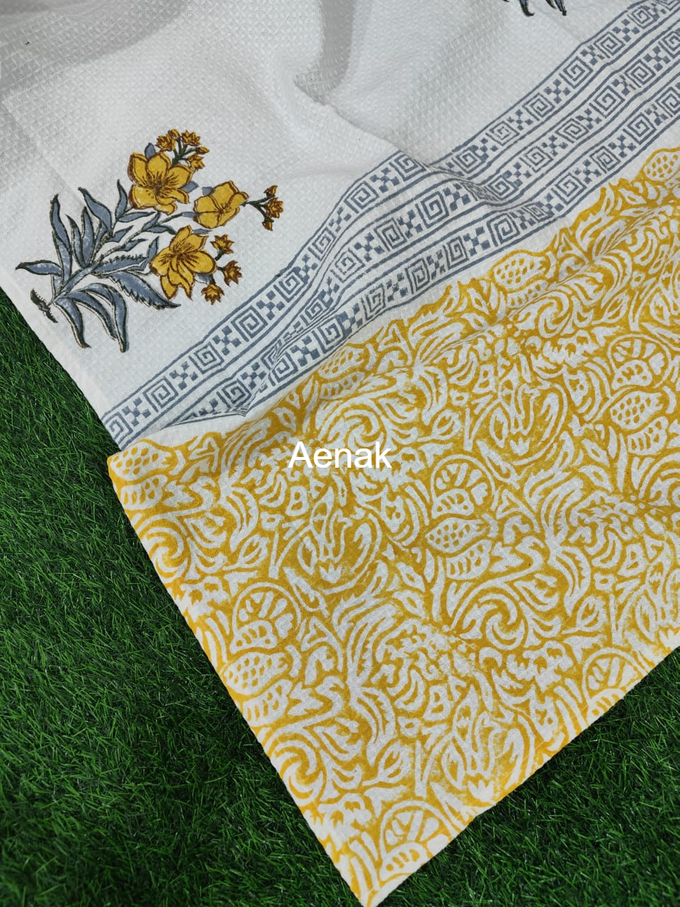 Yellow Periwinkle Handblock Waffle Cotton Towel