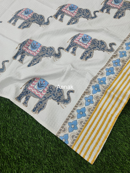 Blue Elephant Handblock Waffle Cotton Towel