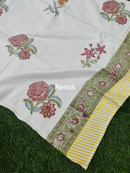 Pink Rose Handblock Waffle Cotton Towel