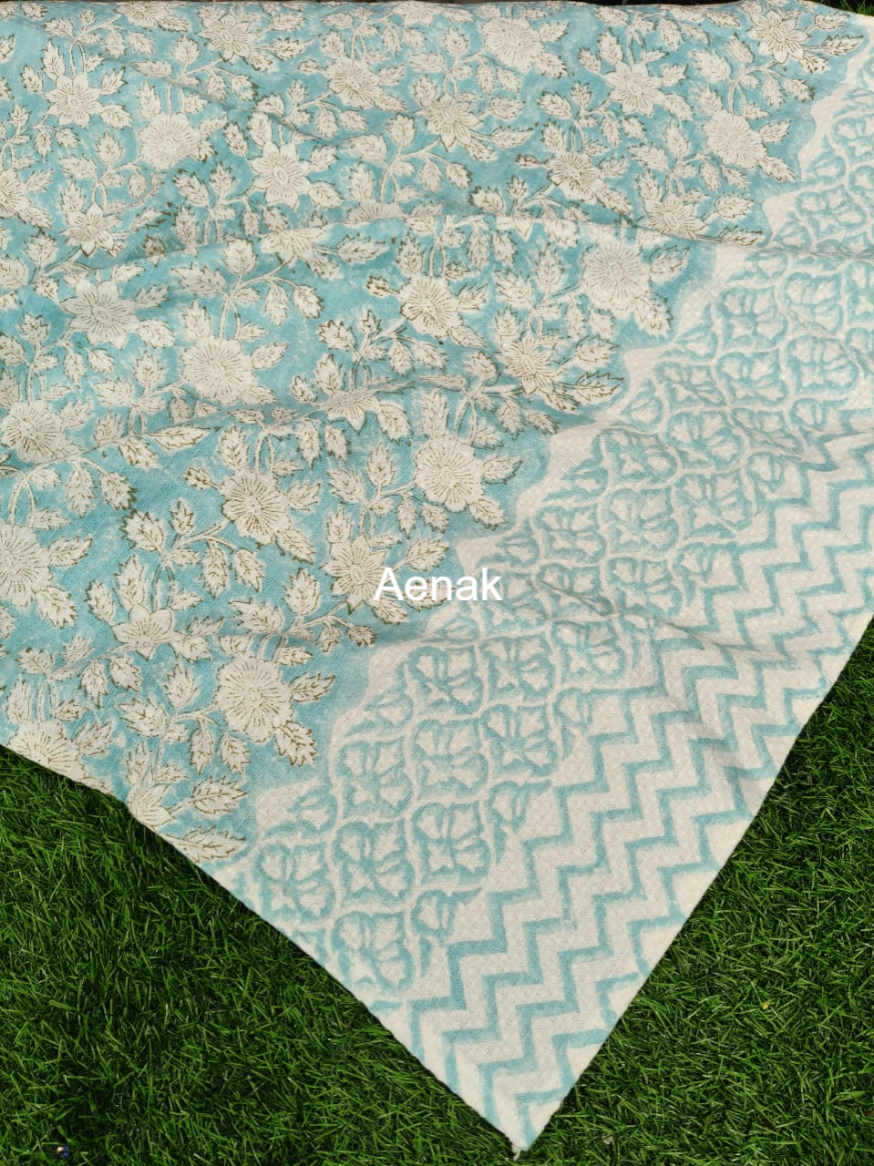 Sky Blue Floral Garden Handblock Waffle Cotton Towel