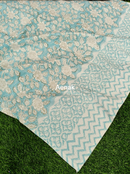Sky Blue Floral Garden Handblock Waffle Cotton Towel