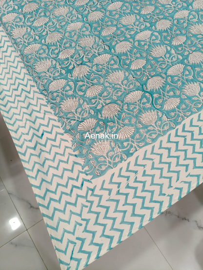 Sky Blue Floral Garden Handblock Table Cover
