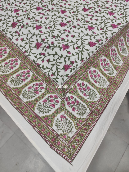 Pink Floral Jaal Handblock Table Cover