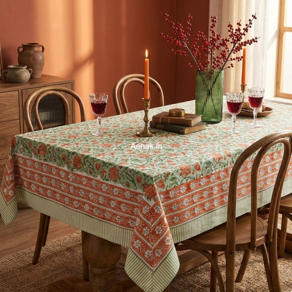 Orange Floral Garden Handblock Table Cover
