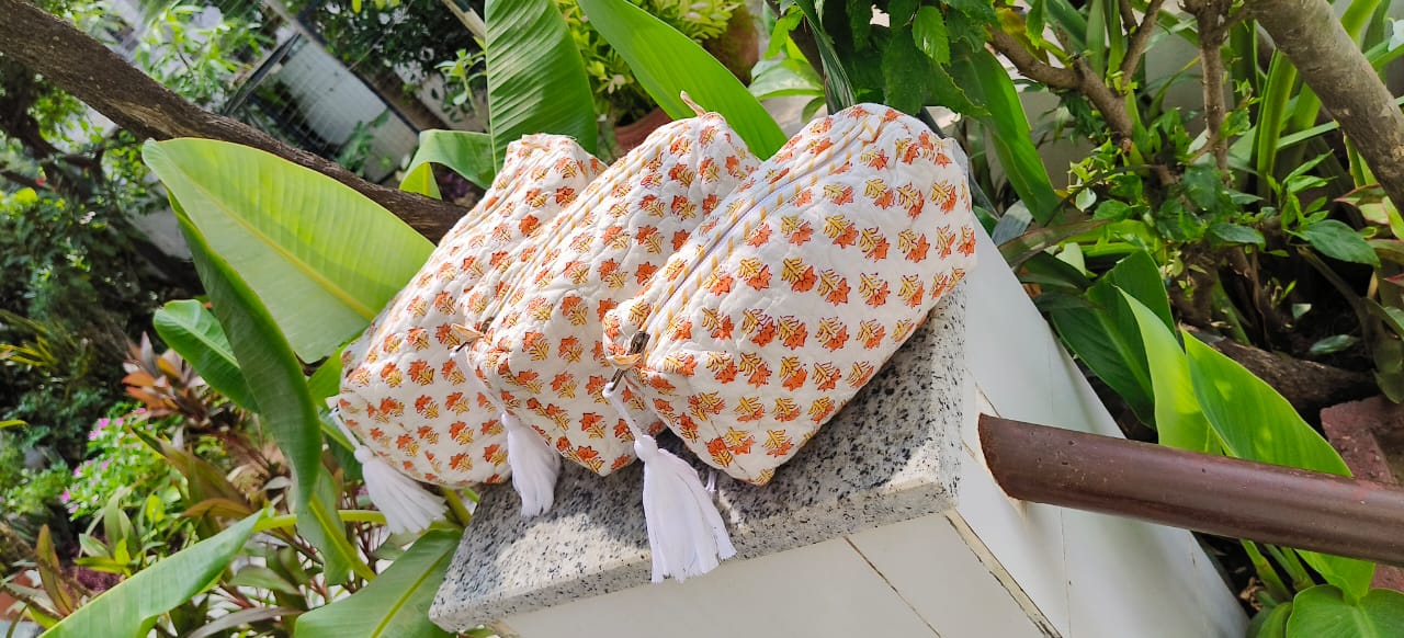 Yellow Tiny Floral Quilted Vanity Pouches-Set of 3