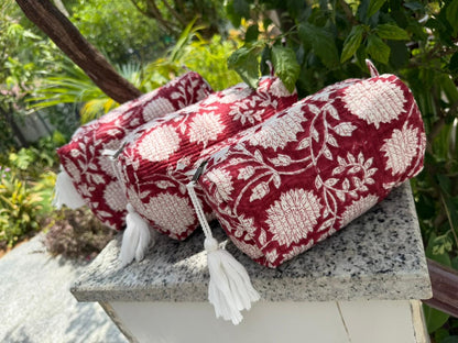 Red Floral Quilted Vanity Pouches-Set of 3
