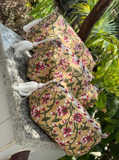 Beige Floral Jaal Quilted Vanity Pouches-Set of 3