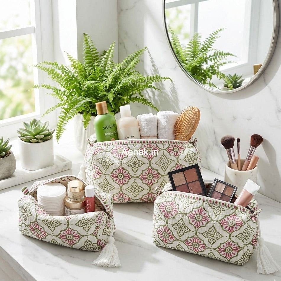 Jaipuri Bhoota Quilted Vanity Pouches-Set of 3