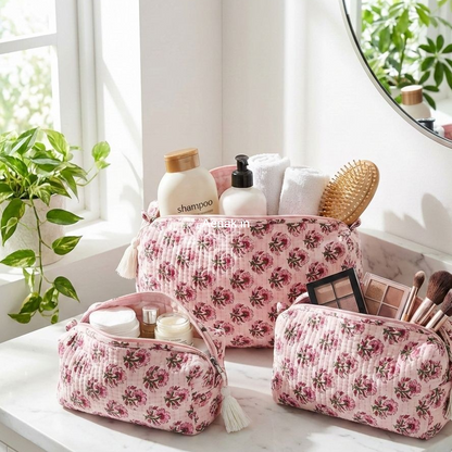 Pink Tiny Floral Quilted Vanity Pouches-Set of 3
