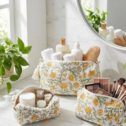 Yellow Marigold Quilted Vanity Pouches-Set of 3