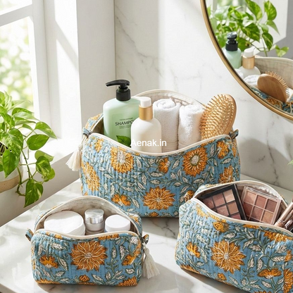 Orange Sunflower Quilted Vanity Pouches-Set of 3