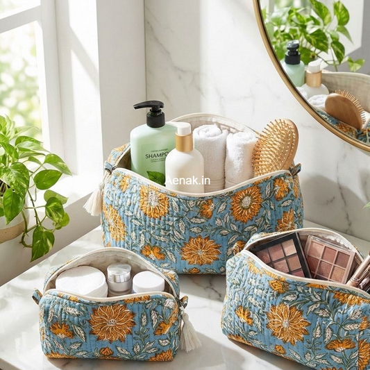 Orange Sunflower Quilted Vanity Pouches-Set of 3