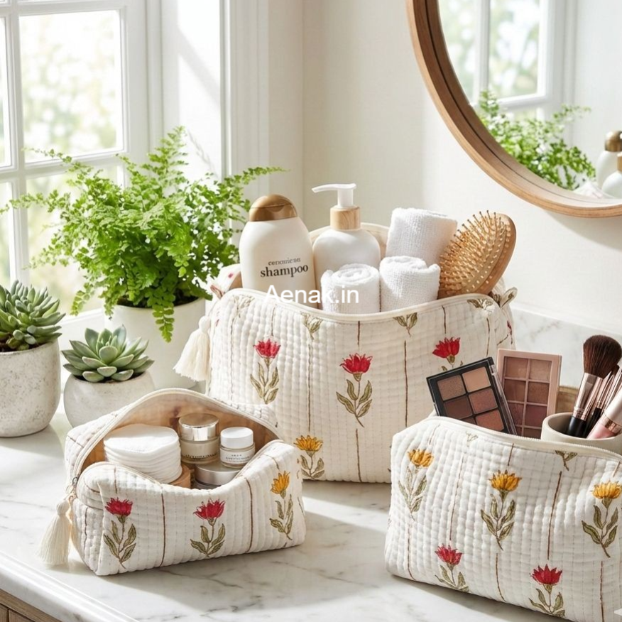 Red & Yellow Quilted Vanity Pouches-Set of 3