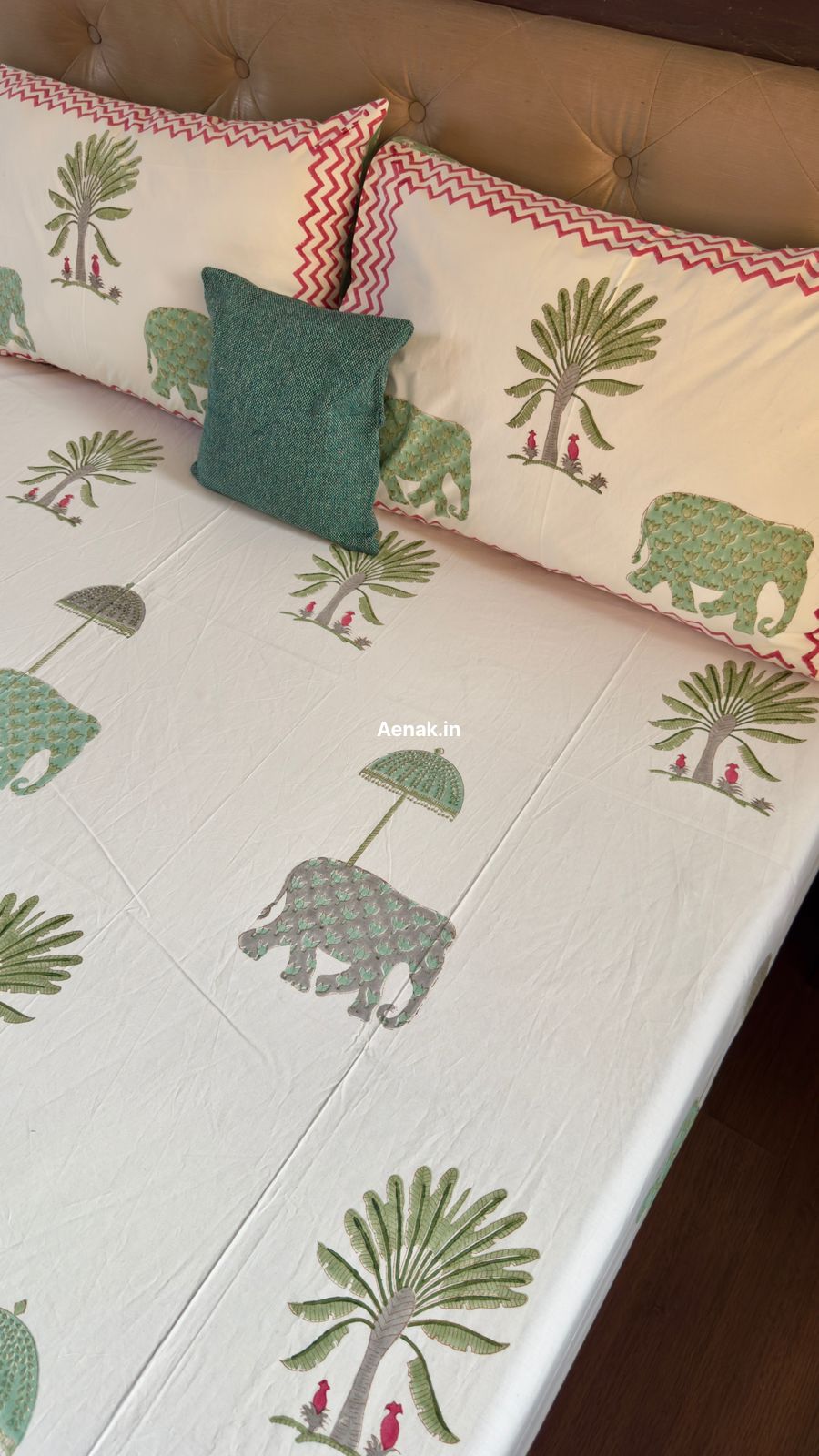 Green Elephant Handblock Premium Cotton Bedsheet Set