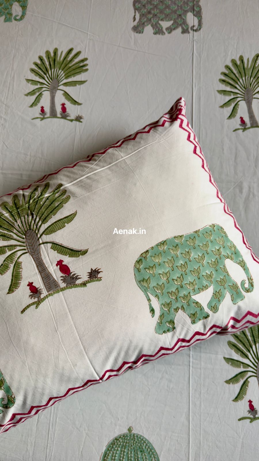 Green Elephant Handblock Premium Cotton Bedsheet Set