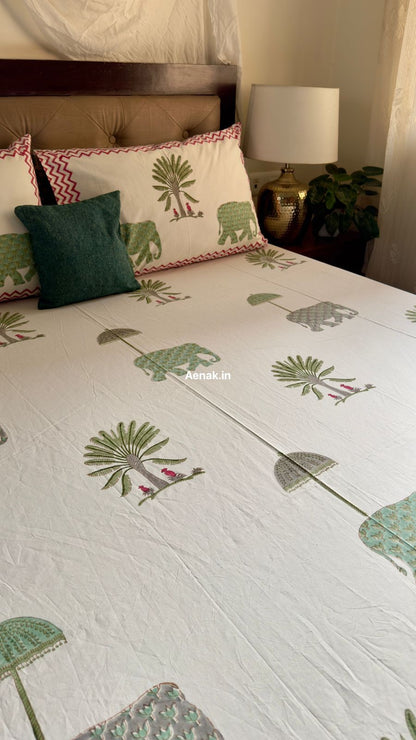 Green Elephant Handblock Premium Cotton Bedsheet Set