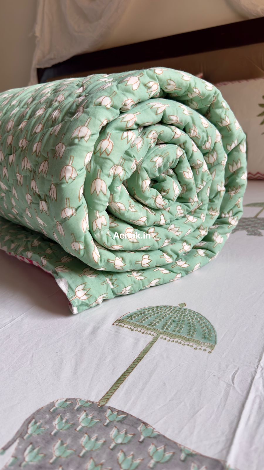 Green Elephant Handblock Reversible Mulmul Cotton Quilt