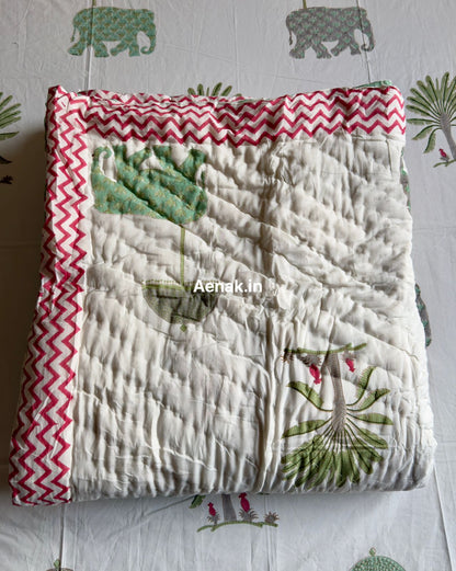 Green Elephant Handblock Reversible Mulmul Cotton Quilt