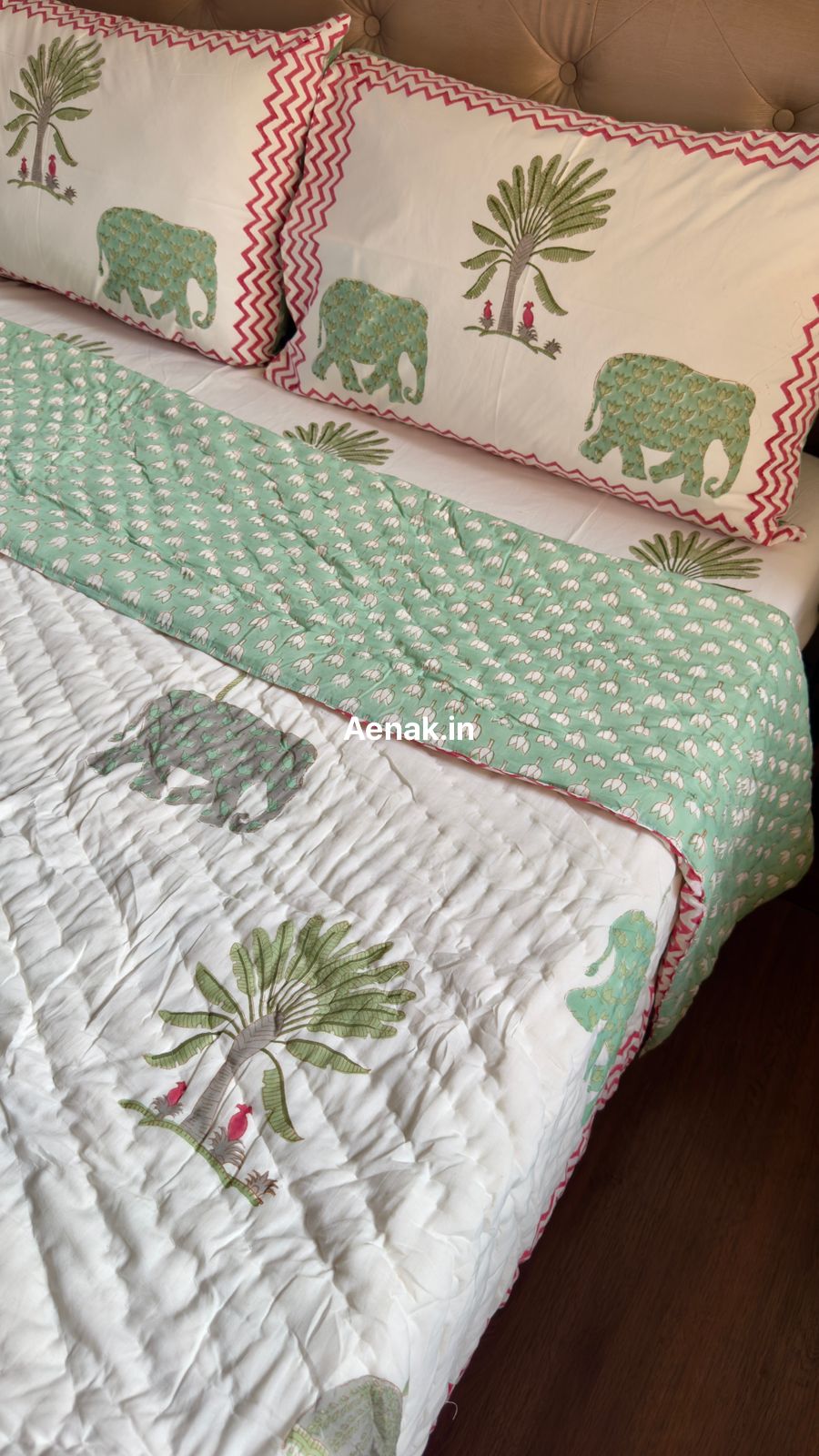 Green Elephant Handblock Reversible Mulmul Cotton Quilt