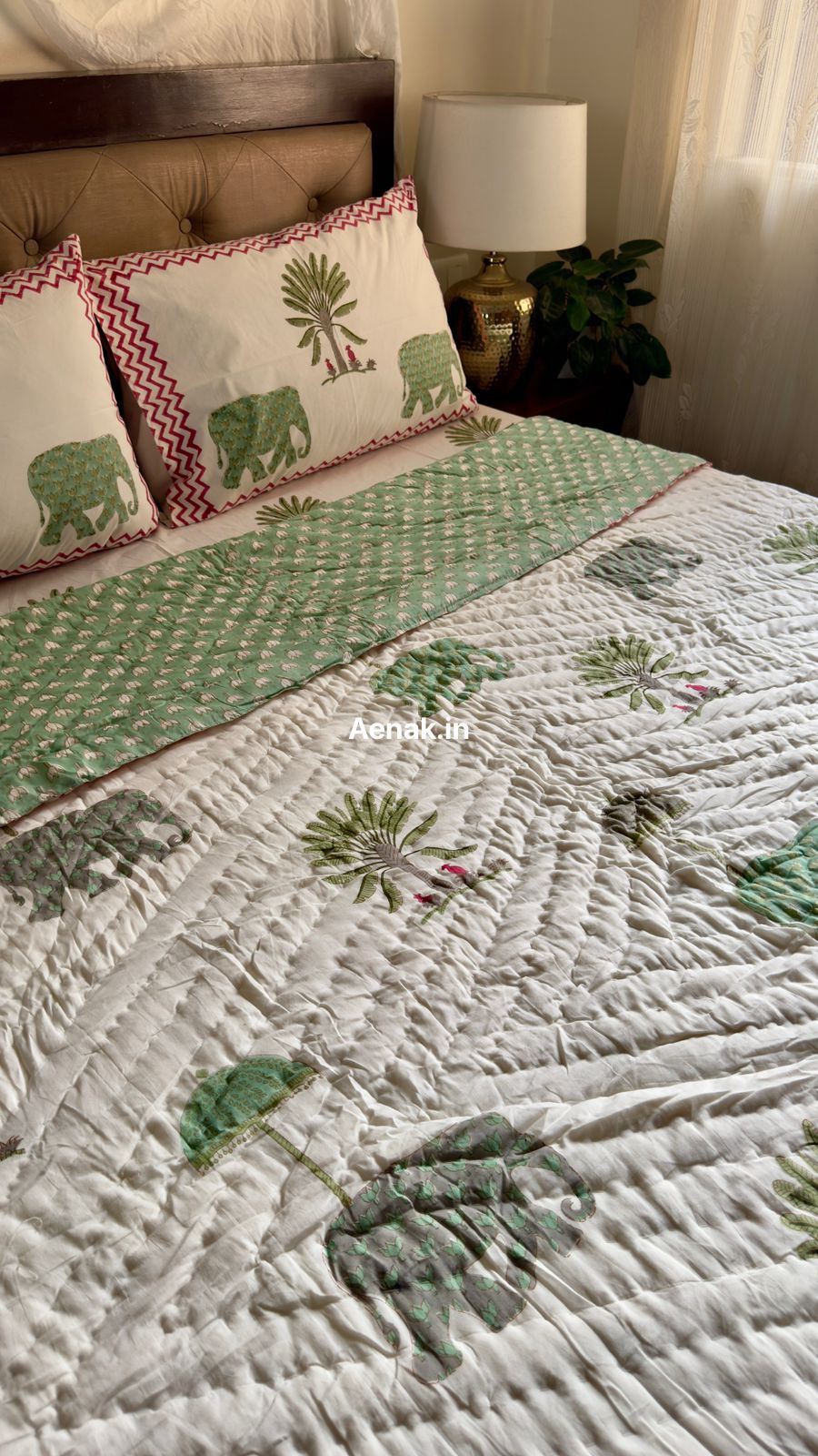 Green Elephant Handblock Reversible Mulmul Cotton Quilt