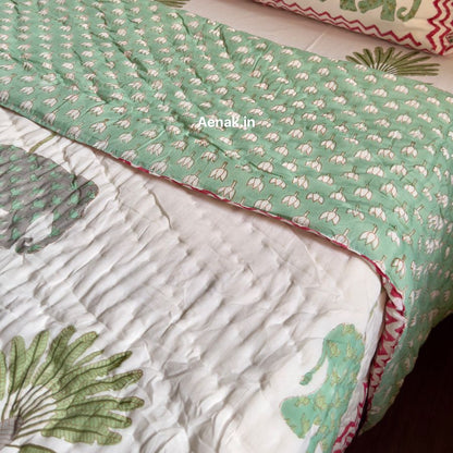 Green Elephant Handblock Reversible Mulmul Cotton Quilt