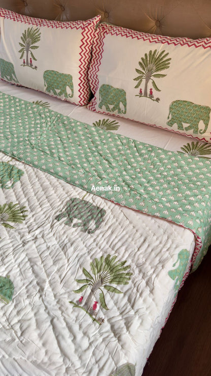 Green Elephant Handblock Reversible Mulmul Cotton Quilt