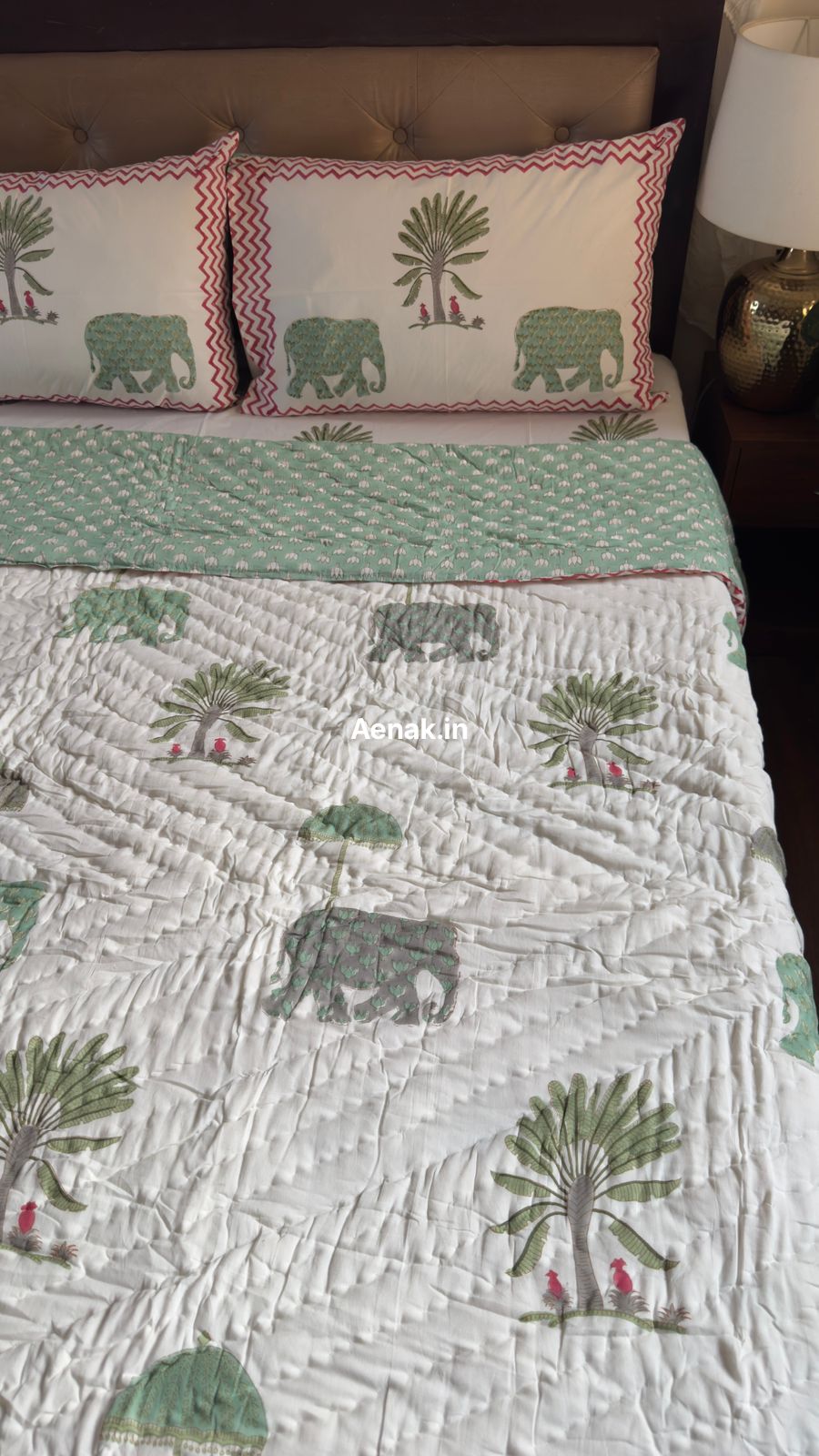 Green Elephant Handblock Reversible Mulmul Cotton Quilt