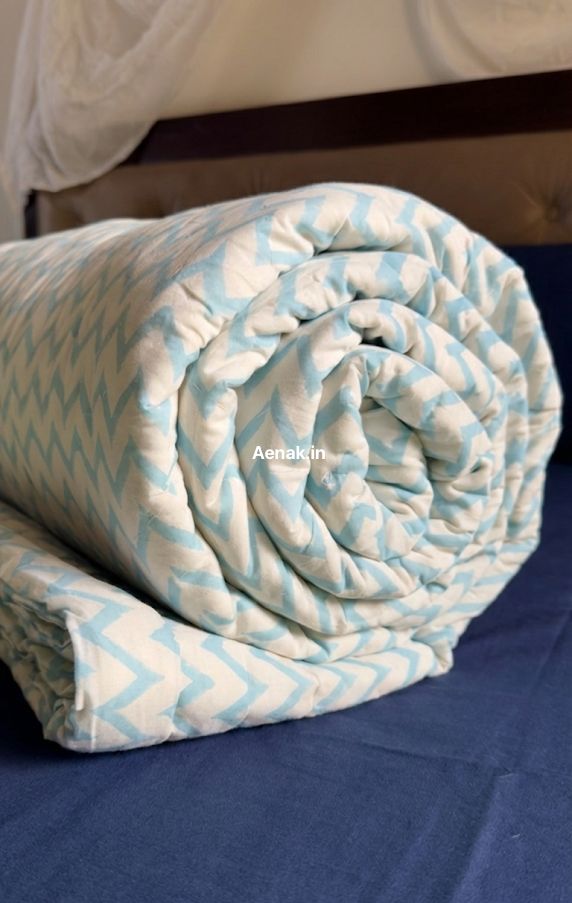 Sky Blue Floral Garden Handblock Reversible Mulmul Cotton Quilt