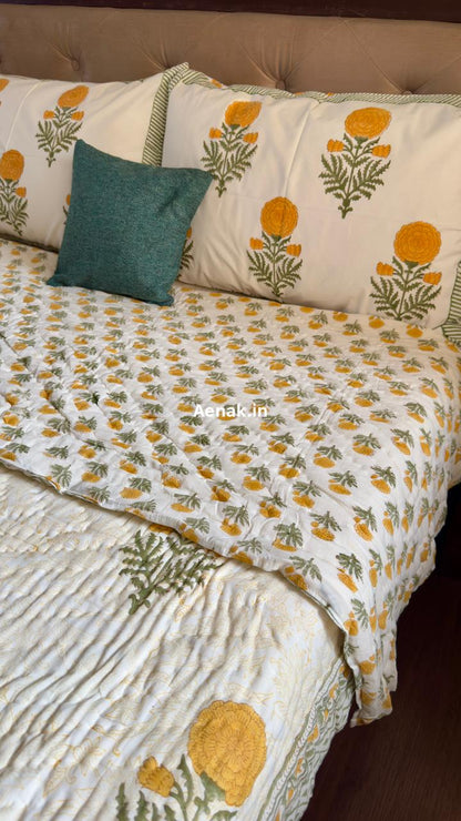 Yellow Marigold Paani Jaal Handblock Bedsheet + Quilt Combo Set