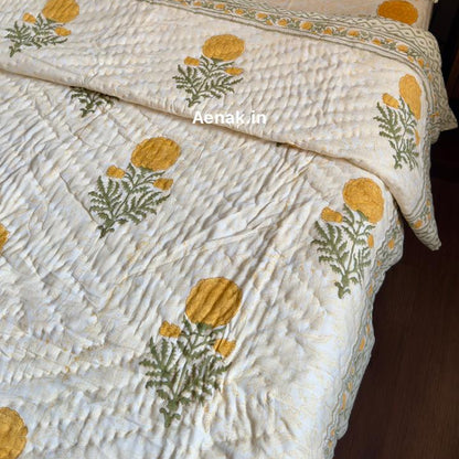 Yellow Marigold Paani Jaal Handblock Bedsheet + Quilt Combo Set
