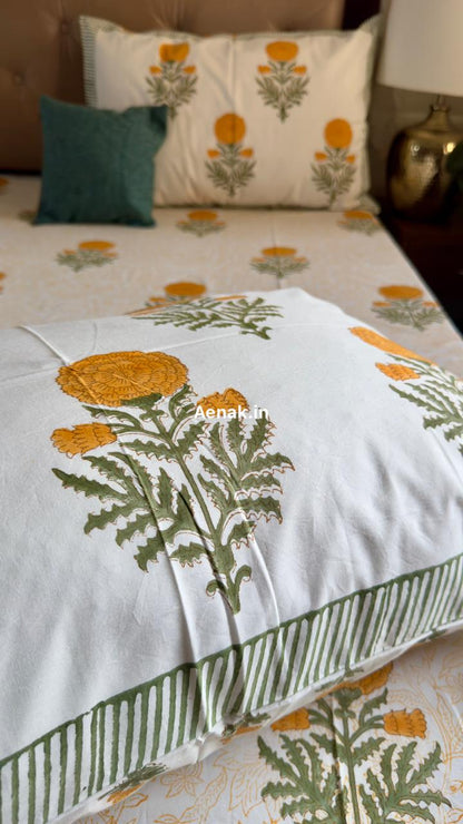 Yellow Marigold Paani Jaal Handblock Bedsheet + Quilt Combo Set
