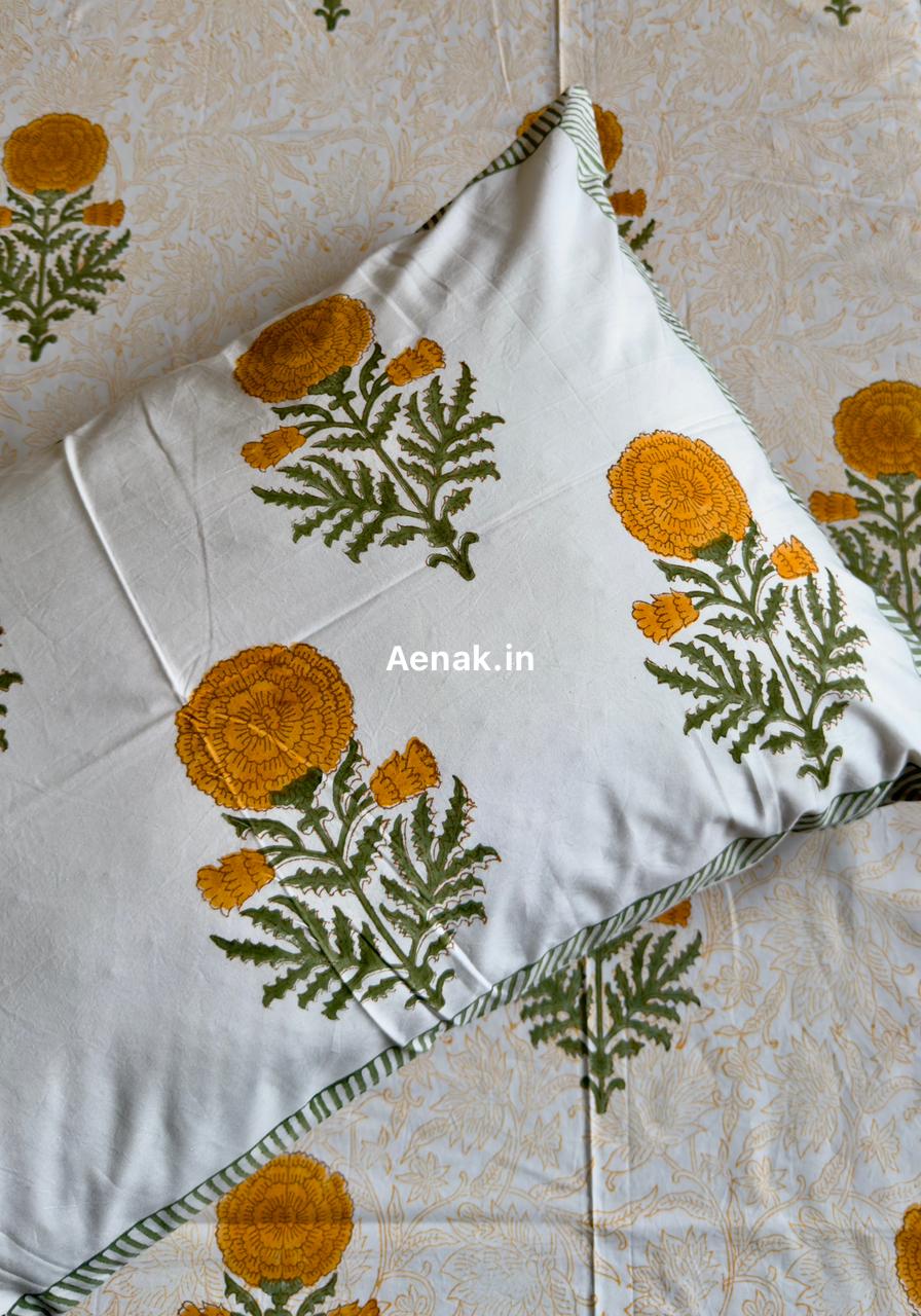 Yellow Marigold Paani Jaal Handblock Bedsheet + Quilt Combo Set