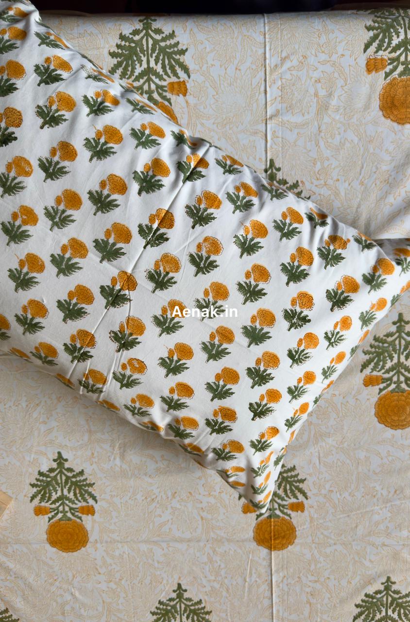 Yellow Marigold Paani Jaal Handblock Bedsheet + Quilt Combo Set