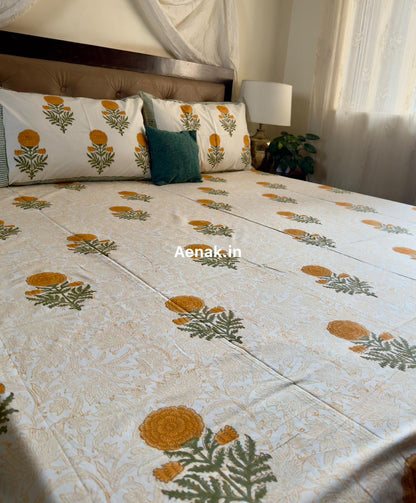 Yellow Marigold Paani Jaal Handblock Bedsheet + Quilt Combo Set