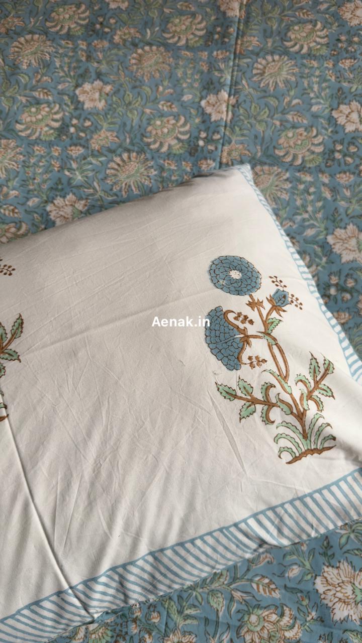 Blue Marigold Handblock Bedsheet + Quilt Combo Set