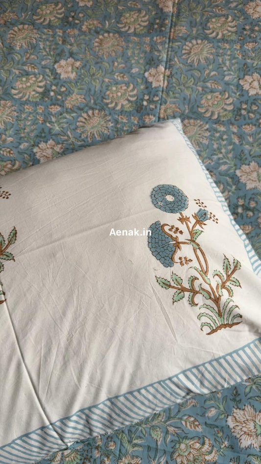 Blue Marigold Handblock Bedsheet + Quilt Combo