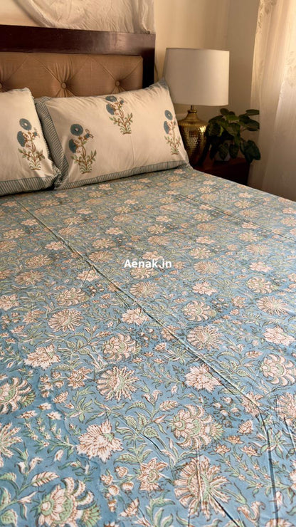 Blue Marigold Handblock Bedsheet + Quilt Combo Set