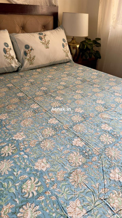 Blue Marigold Handblock Bedsheet + Quilt Combo Set