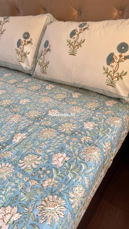 Blue Marigold Handblock Bedsheet + Quilt Combo Set