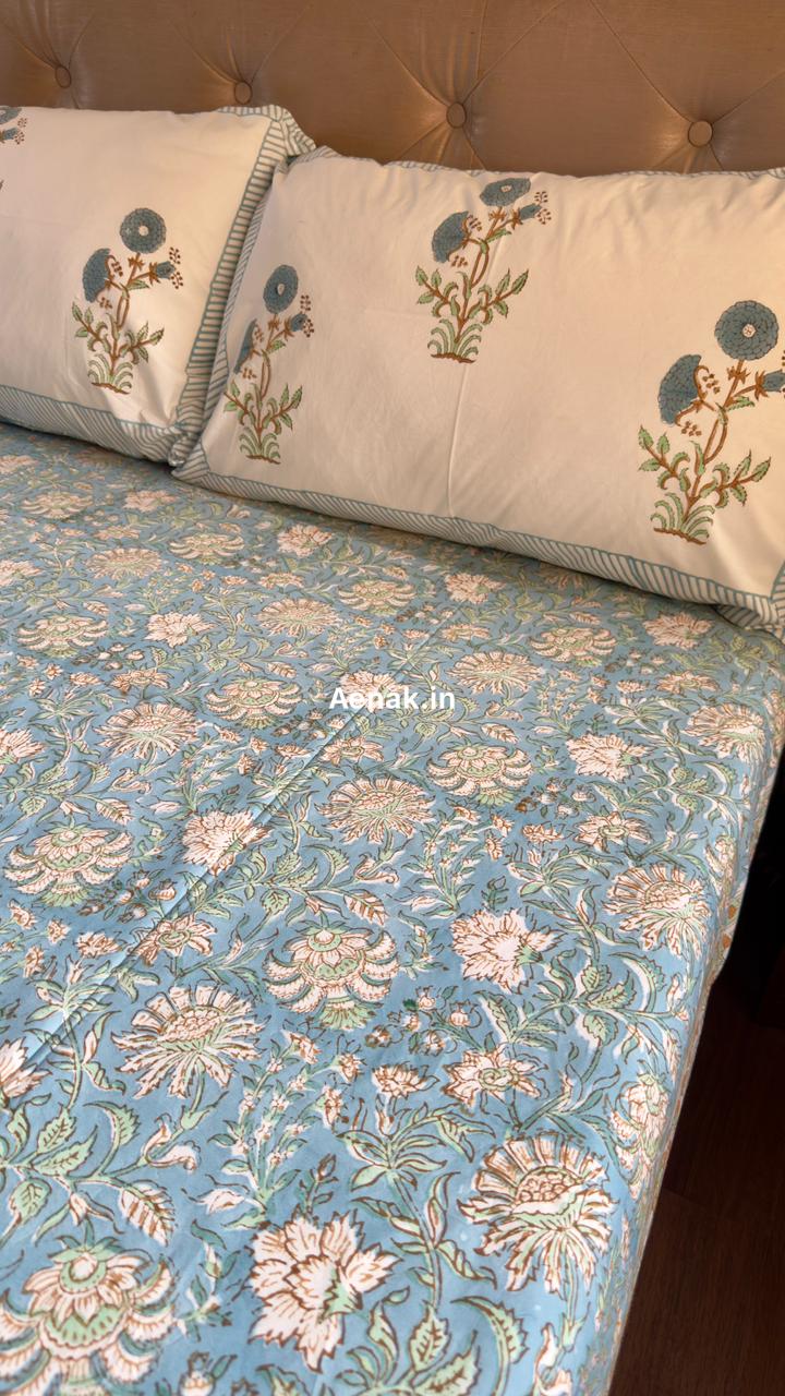 Blue Marigold Handblock Bedsheet + Quilt Combo Set