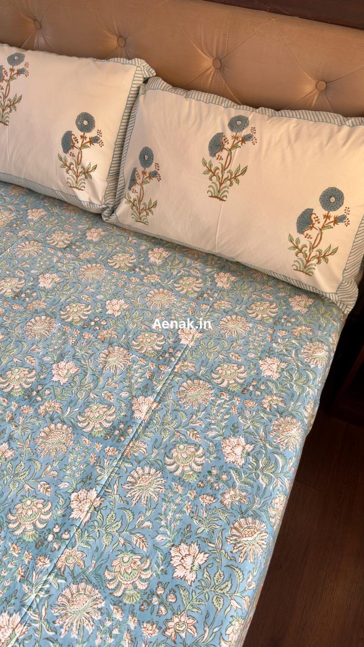 Blue Marigold Handblock Bedsheet + Quilt Combo Set