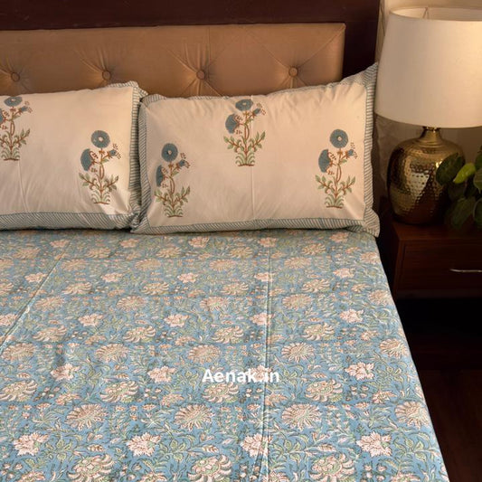 Blue Marigold Handblock Printed Premium Cotton Fitted Bedsheet Set